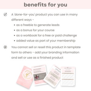 May include: A pink and white printable workbook with the text "Gratitude Growth" and "Affirmations" on the cover. The workbook is a digital download and can be used as a freebie, bonus, or workbook for a course or challenge.