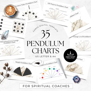 Può includere: Un set di 35 grafici di pendolo stampabili per coach spirituali. I grafici sono progettati in uno stile minimalista con uno sfondo in marmo e testo nero. I grafici includono argomenti come il processo decisionale, lo scopo della vita, i livelli di energia, i chakra e altro ancora.