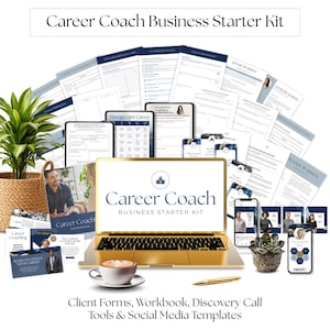 May include: A Career Coach Business Starter Kit featuring a laptop displaying the title, surrounded by printed client forms, a workbook, social media templates, a coffee cup, a gold pen, and two small potted plants on a white background.