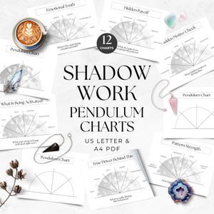Pode incluir: Uma coleção de 12 gráficos de pêndulo Shadow Work nos formatos US Letter e A4 PDF. Os gráficos apresentam vários diagramas com texto como "Emotional Truth" e "Hidden Payoff", junto com uma xícara de café e cristais.