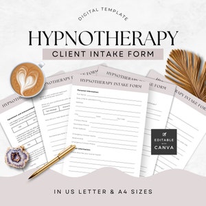 May include: A printable client intake form for hypnotherapy sessions. The form includes sections for personal information, agreement and acknowledgement, and a space for the client to describe their overall health. The form is available in US Letter and A4 sizes and is editable with Canva.