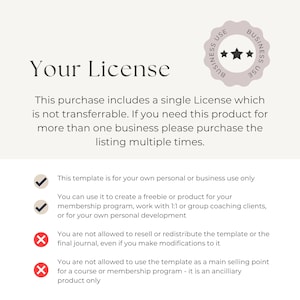 May include: A white background with a pink star-shaped seal that says "Business Use" and a checkmark next to the text "This template is for your own personal or business use only".  The text "You can use it to create a freebie or product for your membership program, work with 1:1 or group coaching clients, or for your own personal development" is also next to a checkmark.  The text "You are not allowed to resell or redistribute the template or the final journal, even if you make modifications to it" is next to an X.  The text "You are not allowed to use the template as a main selling point for a course or membership program - it is an ancillary product only" is also next to an X.