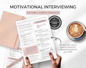 Motivational Interviewing Cheat Sheet Canva Template Client Info MI Cheatsheet Therapy Tools Positive Psychology OARS Technique Pink