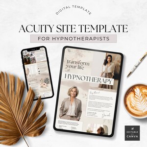 May include: A digital template for a website for a hypnotherapist. The template is designed in a light brown and cream colour scheme with floral accents. The text on the template reads "Transform your life with Hypnotherapy".