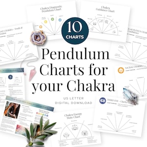 Può includere: Una raccolta di 10 grafici a pendolo per il lavoro sui chakra. I grafici includono grafici diagnostici, di guida e di stato energetico. Il testo sui grafici include "US Letter" e "Download digitale". Sono visibili anche un pendolo di cristallo rosa e una geode.