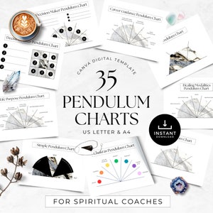 Può includere: Un set di 35 grafici di pendolo stampabili in bianco e nero con accenti di marmo. I grafici sono progettati per coach spirituali e includono argomenti come il processo decisionale, la guida alla carriera, lo scopo della vita, le modalità di guarigione, i chakra e un semplice grafico sì/no. I grafici sono disponibili in formato US Letter e A4.