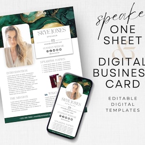 May include: A digital business card template with a green and gold watercolor background. The template features a photo of a woman, contact information, and the text "SKYE JONES SPEAKER".