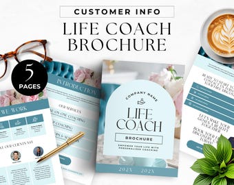 Broschyrmall för livscoach, kampanjpaket för nya kunder, coachingföretag, redigering i Canva, amerikanskt Letter-format, digital nedladdning