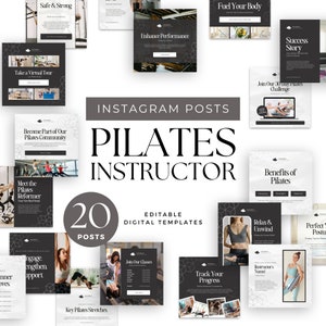 Könnte beinhalten: Eine Sammlung von 20 bearbeitbaren digitalen Instagram-Post-Vorlagen für Pilates-Lehrer. Die Vorlagen verwenden ein dunkelgraues und weißes Farbschema mit Bildern von Pilates-Übungen und Text wie "Pilates Instructor" und "Join Our Classes".