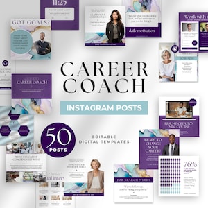 May include: A collection of 50 Instagram post templates for career coaches. The templates feature a purple and blue watercolor background with text overlays. The text includes phrases like "Got Goals?", "Career Coach", "Ready to Change Your Career?", and "Job Search Myths".