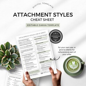 May include: A digital template titled "ATTACHMENT STYLES CHEAT SHEET" with the text "EDITABLE CANVA TEMPLATE". The image includes a green plant, a cup of coffee, and a commercial license badge.