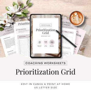 Puede incluir: Un conjunto de hojas de trabajo digitales para una cuadrícula de priorización. La hoja de trabajo está diseñada para ayudarte a resolver problemas y pensar críticamente. La hoja de trabajo se titula "Priorización de cuadrícula" e incluye secciones para "Plantilla de gestión", "Ayudante de entrenador" y "Recursos profesionales".