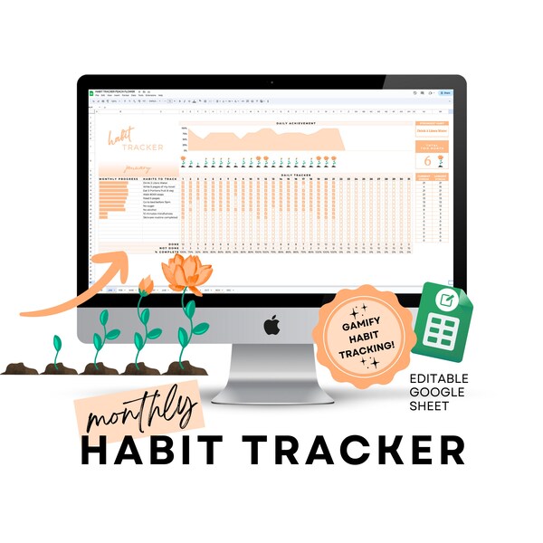 Monthly habit tracker for Google Sheet, Daily Routine log, with growing flower graphic, Life coach business template, healthy habit building