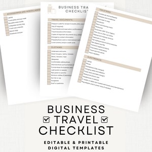 Business Travel Checklist Canva Template, Biz Trip Packing list, Prepare for business Travel, US Letter, Printable Customizable