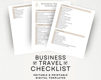 Business Travel Checklist Canva Template, Biz Trip Packing list, Prepare for business Travel, US Letter, Printable Customizable