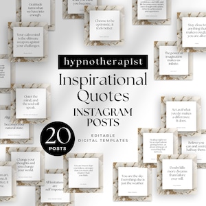 May include: A collection of 20 inspirational quotes for Instagram posts. The quotes are displayed on a marble background with gold accents. The text "hypnotherapist Inspirational Quotes" is at the top of the image. The text "20 Posts" is in the lower left corner of the image. The text "Editable Digital Templates" is in the lower right corner of the image.