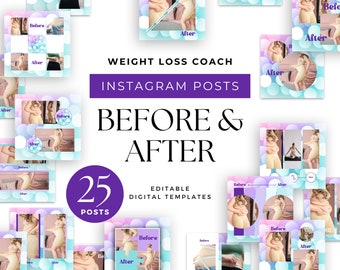 May include: A set of 25 Instagram post templates for weight loss coaches. The templates feature a before and after design with a pastel blue and pink background with white polka dots. The text "WEIGHT LOSS COACH INSTAGRAM POSTS BEFORE & AFTER 25 POSTS EDITABLE DIGITAL TEMPLATES" is displayed on the image.