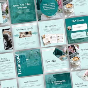 Könnte beinhalten: Eine Collage aus Instagram-Post-Vorlagen in Türkis und Weiß mit Text über Online-Reputation, neue Podcast-Episoden, kostenlose Funktionen, Q&A-Sitzungen, wöchentliche Zusammenfassungen, Erfahrungsberichte, Buchtipps, neue Angebote, E-Mail-Marketing und die Definition Ihrer Zielgruppe. Der Text "Monitor Your Online Reputation" ist in der oberen linken Ecke zu sehen.