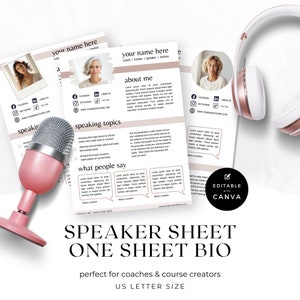 3 x One Sheet bio, Speaker Sheet, Coach profile, FB Group Speaker, 3 x different A4 formats, DIGITAL Download Canva template | CDS0074