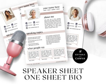 3 x One Sheet bio, Speaker Sheet, Coach profile, FB Group Speaker, 3 x different A4 formats, DIGITAL Download Canva template | CDS0074