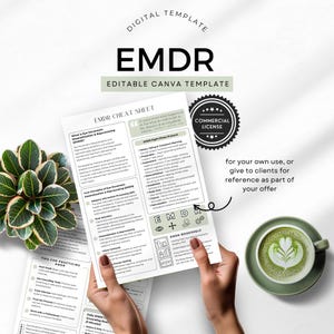 Könnte beinhalten: Eine digitale Vorlage mit dem Text "EMDR" und "Bearbeitbare Canva-Vorlage". Das Bild enthält ein Cheat Sheet mit dem Text "EMDR Cheat Sheet" und ein kommerzielles Lizenzabzeichen. Rechts ist eine Tasse Matcha Latte.