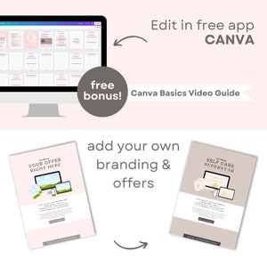 May include: A pink and white digital design template with the text "YOUR OFFER RIGHT HERE" and "SELF CARE SUPERSTAR" on two separate pages. The template is designed to be edited in the Canva app and includes a free bonus video guide.