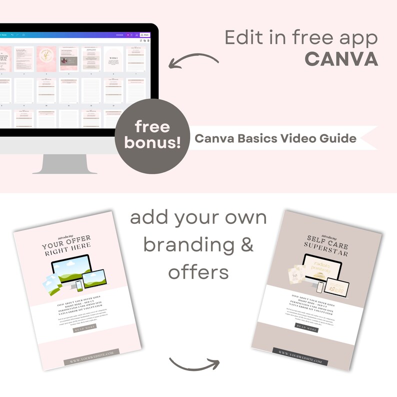 May include: A pink and white digital design template with the text "YOUR OFFER RIGHT HERE" and "SELF CARE SUPERSTAR" on two separate pages. The template is designed to be edited in the Canva app and includes a free bonus video guide.