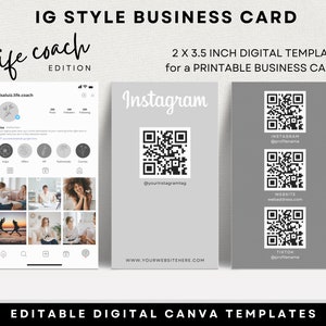 Social media style business card for coaches Digital template, IG style Canva template, Insta Customizable Printable Card Entrepreneur Grey