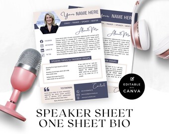 Speaker sheet, One Sheet bio, Coach profile, Facebook Group Speaker, Podcast guest, Blue, DIGITAL Canva template, INSTANT DOWNLOAD | BL03
