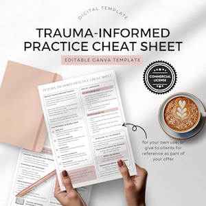 May include: A digital template titled "TRAUMA-INFORMED PRACTICE CHEAT SHEET" with the text "EDITABLE CANVA TEMPLATE." The image includes a cup of coffee with latte art, a pen, and a notebook. The cheat sheet is held by hands and includes the text "COMMERCIAL LICENSE."