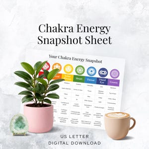 Può includere: Un download digitale intitolato "Chakra Energy Snapshot Sheet" con un grafico che illustra l'energia dei chakra. L'immagine include una pianta in vaso, una geode e una tazza di caffè. Il testo "US LETTER" e "DIGITAL DOWNLOAD" sono anch'essi visibili.
