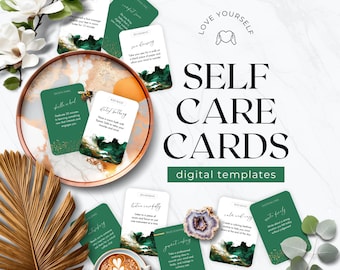 Self Care Activity Cards, Printable, Wellness Mindfulness, Done For You Freebie Lead Magnet Commercial Use, Canva Template, Emerald & Gold