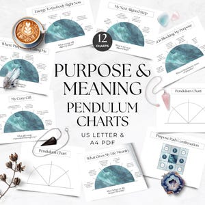 Pode incluir: Uma coleção de 12 gráficos de pêndulo de propósito e significado nos formatos US Letter e A4 PDF. Os gráficos apresentam designs em verde-azulado e branco com texto como "Energy to Embody Right Now" e "My Next Aligned Step". Uma xícara de café e cristais também são visíveis.
