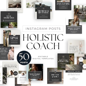 Puede incluir: Una colección de 50 plantillas de publicaciones de Instagram para un coach holístico. Las plantillas presentan un esquema de color blanco y negro con acentos dorados. El texto en las plantillas incluye frases como "Refrescar y recargar", "Mantenerse hidratado", "Abrazar el ahora", "Cuaderno de trabajo de bienestar holístico", "Minicurso de mantras conscientes", "¿Sabías que?", "Mitos holísticos" y "Únete a nosotros para [Nombre del curso]".