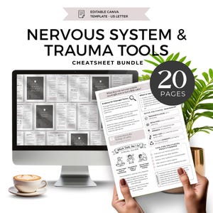 May include: A digital product mockup showing a computer screen with a "Nervous System & Trauma Tools" cheatsheet bundle. A printed page with the same title is held in front. A cup of coffee and a plant are also in the image.
