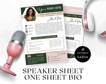 Speaker sheet, One Sheet bio, Coach profile, Facebook Group Speaker, Podcast guest, DIGITAL Canva template, INSTANT DOWNLOAD | 0012DECFOR