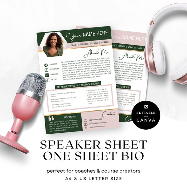 Speaker sheet, One Sheet bio, Coach profile, Facebook Group Speaker, Podcast guest, DIGITAL Canva template, INSTANT DOWNLOAD | 0012DECFOR