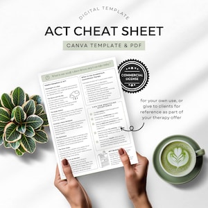 May include: A printable ACT cheat sheet template in a digital format. The sheet includes helpful metaphors, tips for practicing acceptance, and examples of when to use acceptance and commitment therapy. The sheet is designed for therapists to use with their clients.