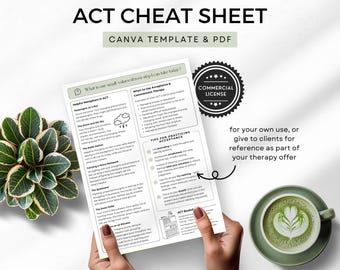 ACT-spiekbriefje Acceptatie Toezegging Therapie Hand-out voor cliënt Oplossingsgerichte spiekbriefje Therapeutenhulpmiddelen ACT-metaforen Hulpmiddel voor therapeut