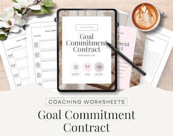 May include: A digital tablet displaying a printable goal commitment contract worksheet set. The worksheet set includes a goal setting template, a coach helper, and additional resources. The text on the tablet reads "Goal Commitment Contract Worksheet Set".