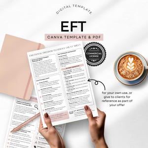 Puede incluir: Una plantilla digital imprimible para la Técnica de Liberación Emocional (EFT) con fondo blanco y texto negro. La plantilla incluye una hoja de trucos con las técnicas y ejercicios clave, los principios básicos de EFT, evidencia de la técnica de liberación emocional y la práctica del tapping. La plantilla también incluye una licencia comercial.