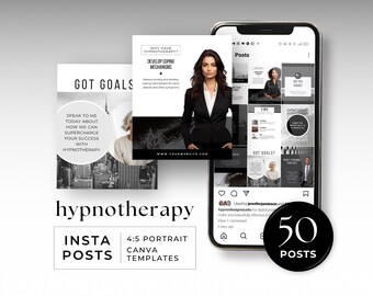 Modèle Canva pour publications Insta d'hypnothérapie Hypnothérapeute Flux Instagram IG Hypnose sur les réseaux sociaux Promo monochrome noir modifiable MC