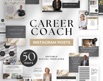 Puede incluir: Un conjunto de 50 plantillas digitales editables para publicaciones de Instagram sobre coaching profesional. Las plantillas presentan varios diseños con texto como "Career Coach", "Got Goals?" y "Ready to Change Your Career?" en una paleta de colores neutros.