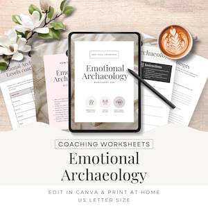 May include: A digital tablet displaying a worksheet set titled "Emotional Archaeology" with a pink and gray color scheme. The worksheet set is designed for emotional awareness and includes a coach helper, additional resources, and a worksheet template. The text "Coaching Worksheets" is displayed below the tablet, along with the title "Emotional Archaeology" in a larger font. The text "Edit in Canva & Print at Home" is displayed below the title, along with the text "US Letter Size".