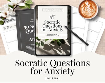 Preguntas para llevar un diario de ansiedad, plantilla de Canva para TCC, herramienta de terapia, autorreflexión, indicaciones socráticas, hoja de trabajo para TCC, folleto editable sobre salud mental