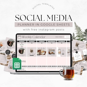 May include: A laptop computer displaying a Google Sheets spreadsheet with a weekly calendar for social media planning. The spreadsheet has columns for each day of the week and rows for different types of social media posts. The spreadsheet is titled "Weekly Calendar".