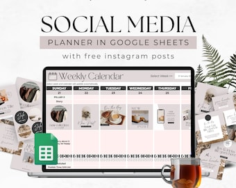 Social Media Strategy Planner Google Sheets, Weekly Content Calendar with Free Instagram Posts, Insta Feed Preview, Hashtag Manager,Editable