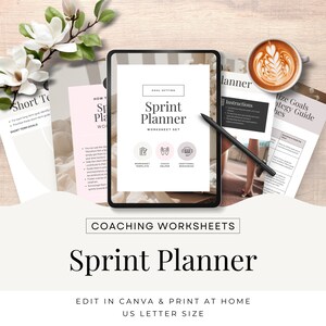 Op de afbeelding: Een digitale coaching-werkbladenset voor het stellen van doelen en sprintplanning. De werkbladenset heeft de titel "Sprint Planner" en bevat een werkbladentemplate, een coach-helper en aanvullende bronnen. De werkbladenset is ontworpen om te worden bewerkt in Canva en thuis te worden afgedrukt. De werkbladenset is in US-letterformaat.