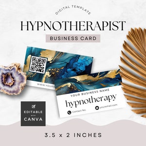 May include: A digital business card template for a hypnotherapist. The template features a blue and gold abstract design with a QR code and the text "WWW.YOURW". The card is 3.5 x 2 inches and is editable with Canva.