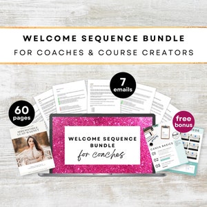 May include: A pink and white laptop computer screen displaying a welcome sequence bundle for coaches. The screen text reads "Welcome Sequence Bundle for Coaches". The laptop is on a wooden surface with other documents and papers. The documents include a free bonus, a lead magnet, and a Canva basics guide.